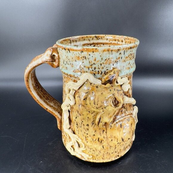 Hand Made Stoneware Pottery Coffee Mug Cup Unicorn Horse Raised Mug Brown VTG - Picture 12 of 16